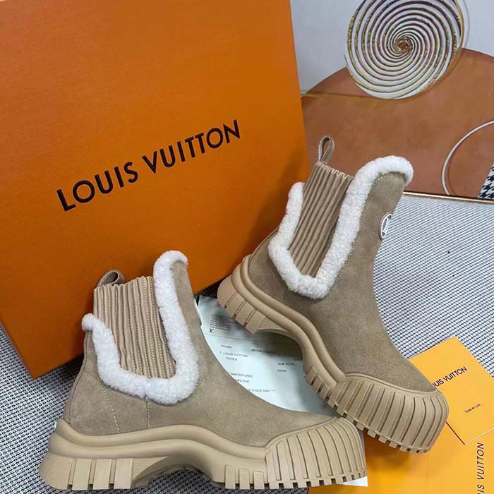 Louis Vuitton Women Shoes LV Ruby Flat Ankle Boot Beige Suede Calf Leather Shearling