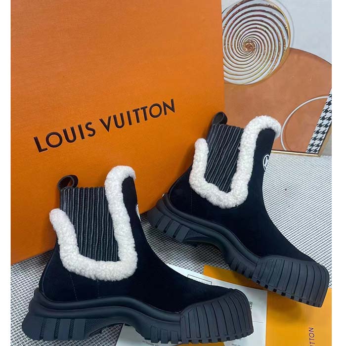 Louis Vuitton Women Shoes LV Ruby Flat Ankle Boot Black Suede Calf Leather Shearling