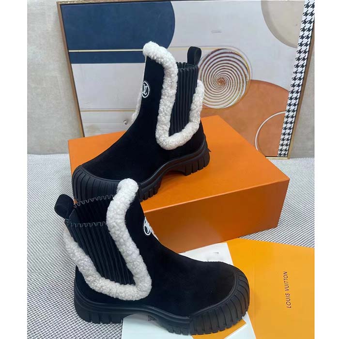 Louis Vuitton Women Shoes LV Ruby Flat Ankle Boot Black Suede Calf Leather Shearling