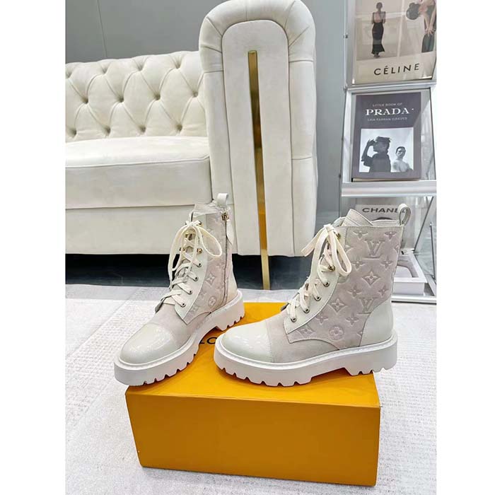 Louis Vuitton Women Territory Flat Ranger Beige Monogram-Debossed Suede Calf Leather Side Zip