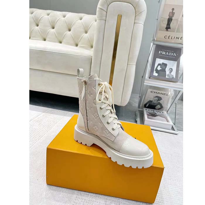 Louis Vuitton Women Territory Flat Ranger Beige Monogram-Debossed Suede Calf Leather Side Zip