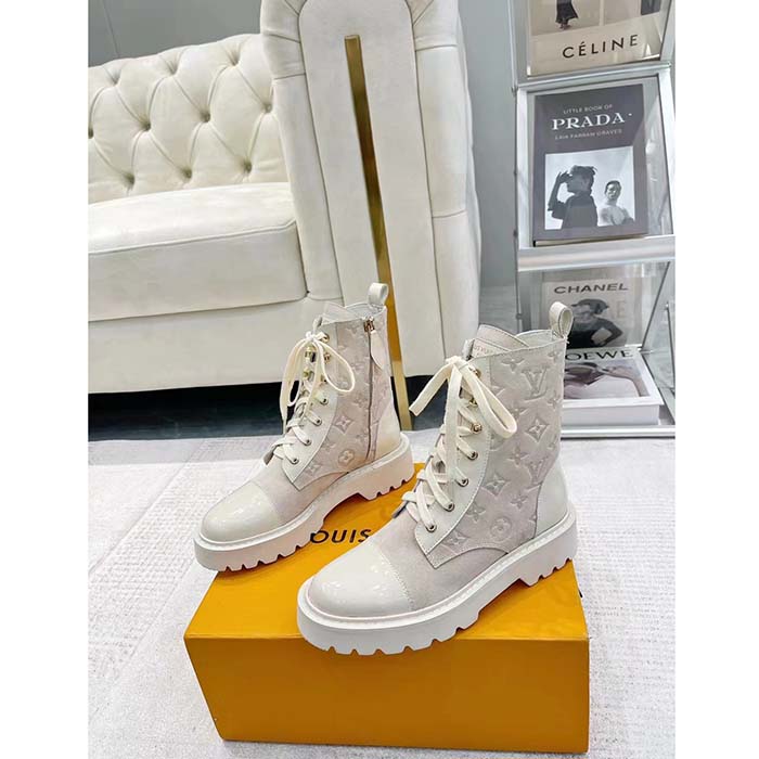 Louis Vuitton Women Territory Flat Ranger Beige Monogram-Debossed Suede Calf Leather Side Zip