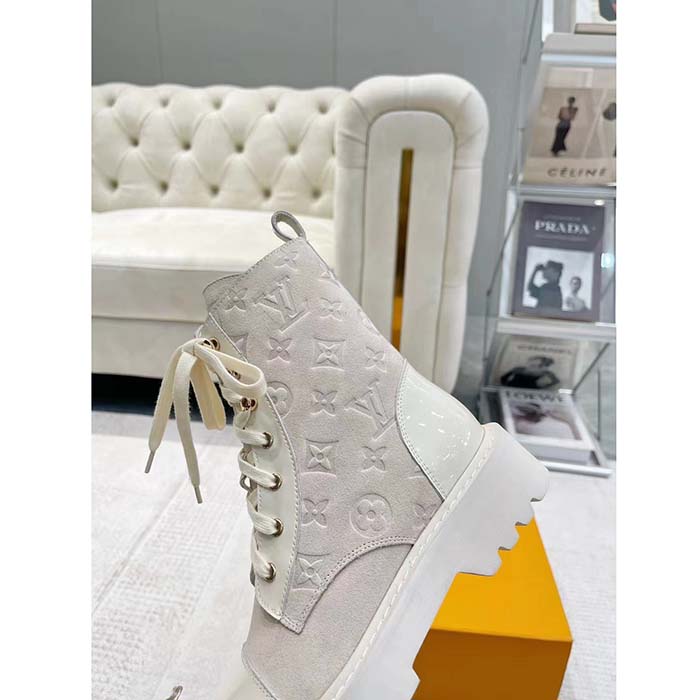 Louis Vuitton Women Territory Flat Ranger Beige Monogram-Debossed Suede Calf Leather Side Zip