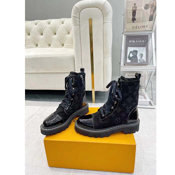 Louis Vuitton Women Territory Flat Ranger Black Monogram-Debossed Suede Calf Leather Side Zip