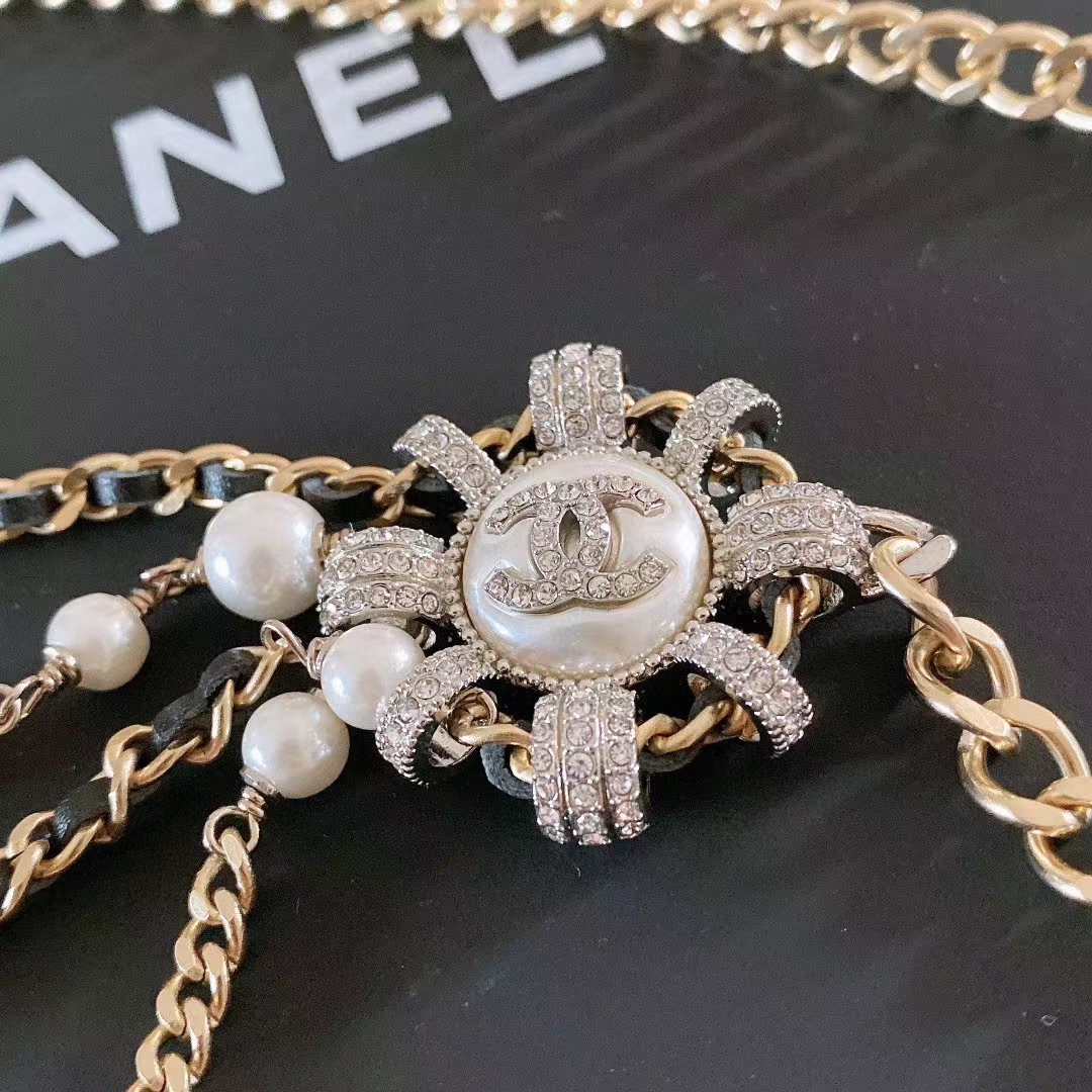 Chanel Women CC Chain Belt Calfskin Glass Pearls Black Pearly White Crystal Gold Silver-Tone Metal Strass