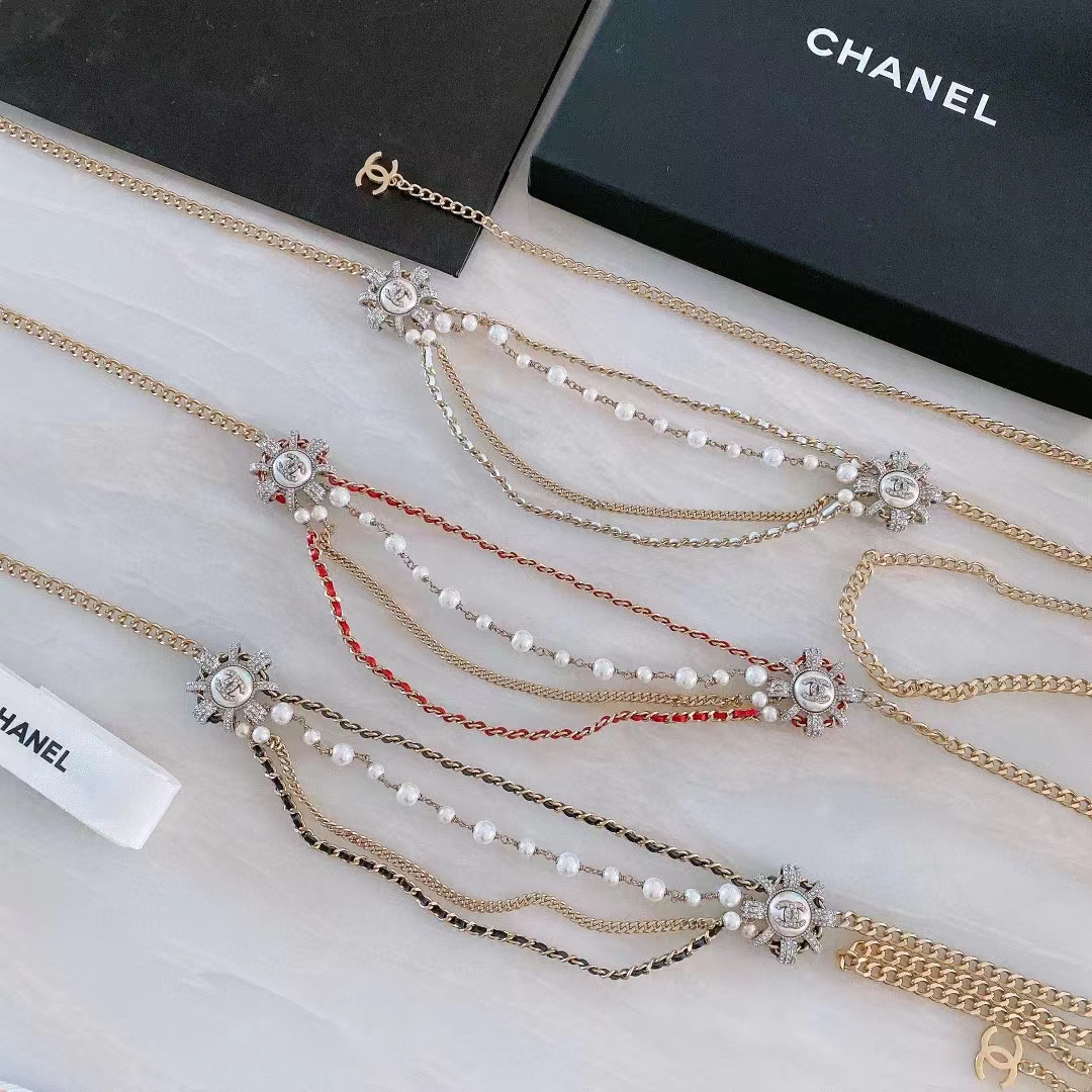 Chanel Women CC Chain Belt Calfskin Glass Pearls Black Pearly White Crystal Gold Silver-Tone Metal Strass