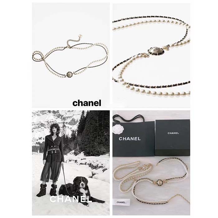 Chanel Women CC Chain Belt Calfskin Glass Pearls Black Pearly White Crystal Gold-Tone Metal Strass