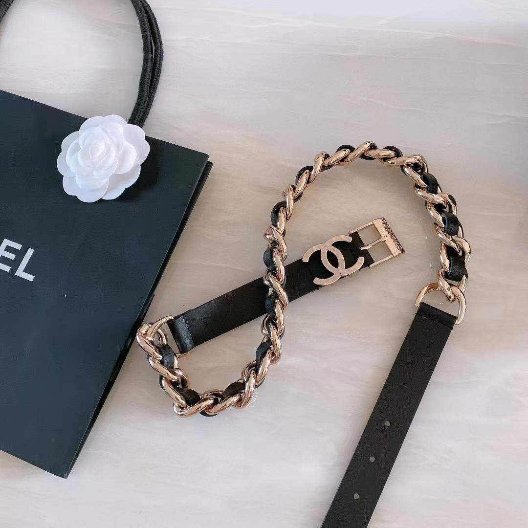 Chanel Women CC Chain Belt Calfskin Leather Gold-Tone Metal Strass Black