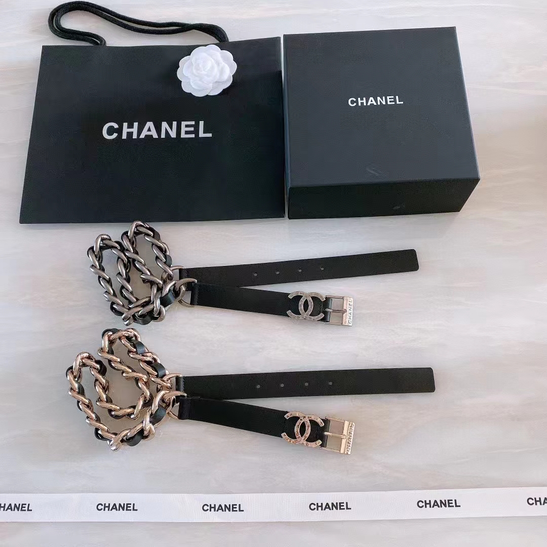 Chanel Women CC Chain Belt Calfskin Leather Gold-Tone Metal Strass Black