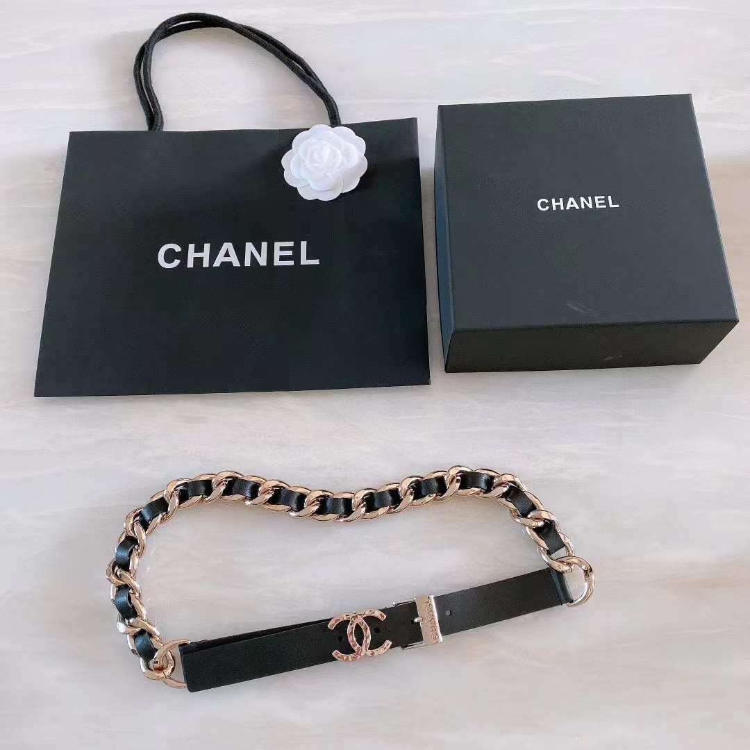 Chanel Women CC Chain Belt Calfskin Leather Gold-Tone Metal Strass Black