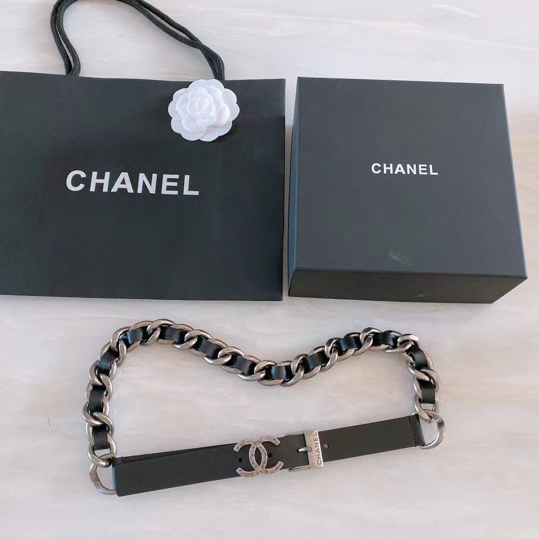 Chanel Women CC Chain Belt Calfskin Leather Silver-Tone Metal Strass Black