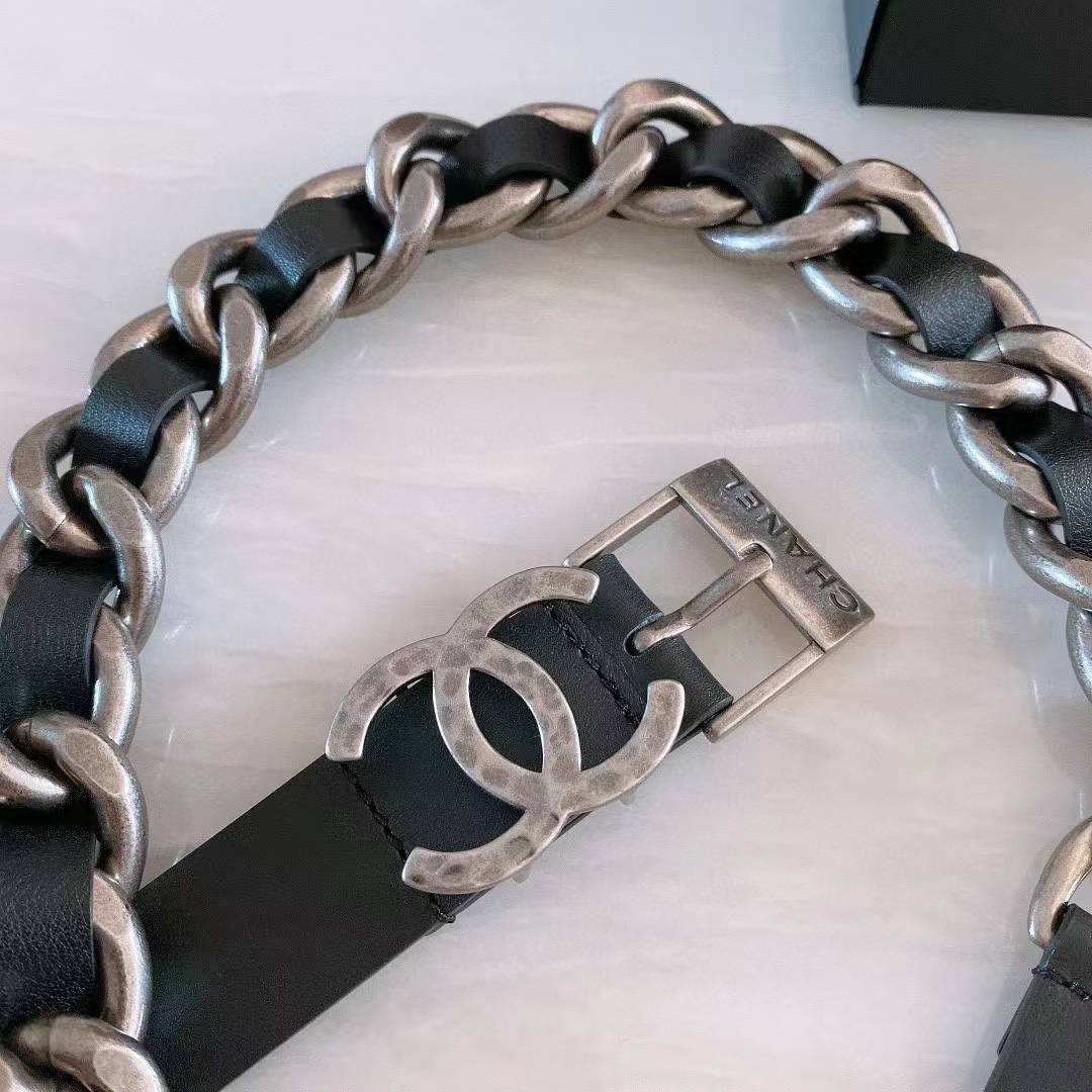 Chanel Women CC Chain Belt Calfskin Leather Silver-Tone Metal Strass Black