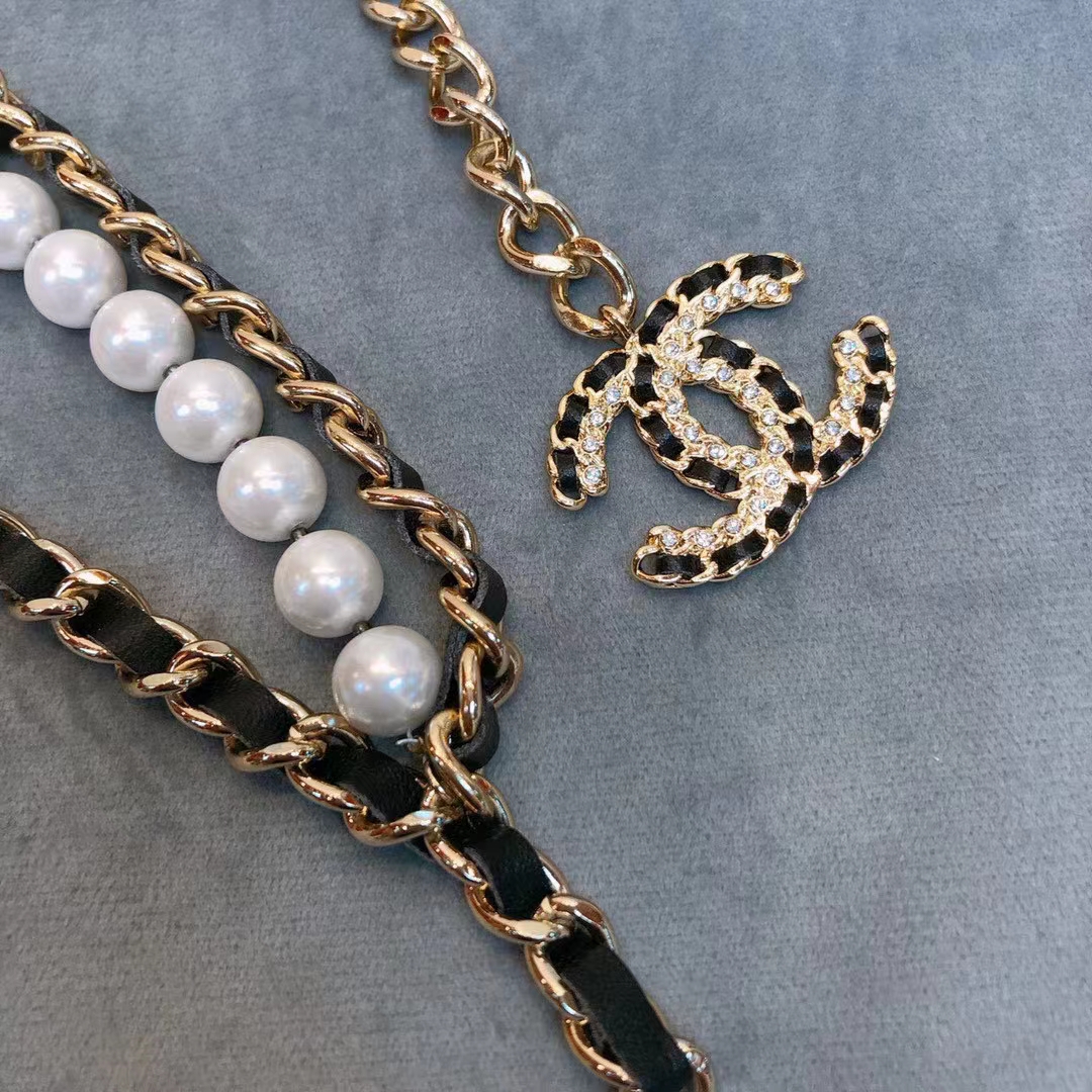 Chanel Women CC Chain Belt Lambskin Glass Pearls Gold-Tone Metal Strass Black
