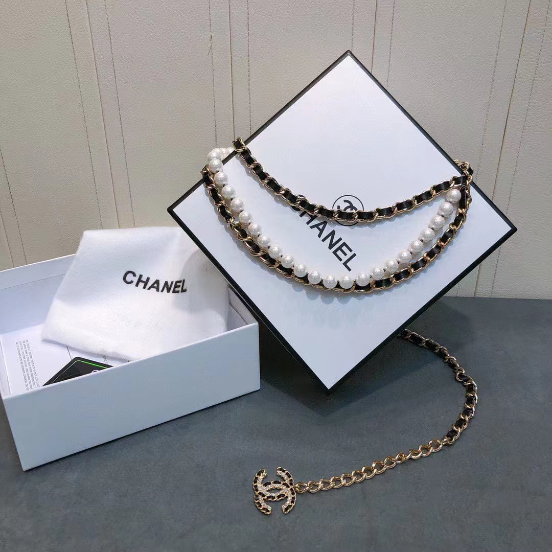 Chanel Women CC Chain Belt Lambskin Glass Pearls Gold-Tone Metal Strass Black