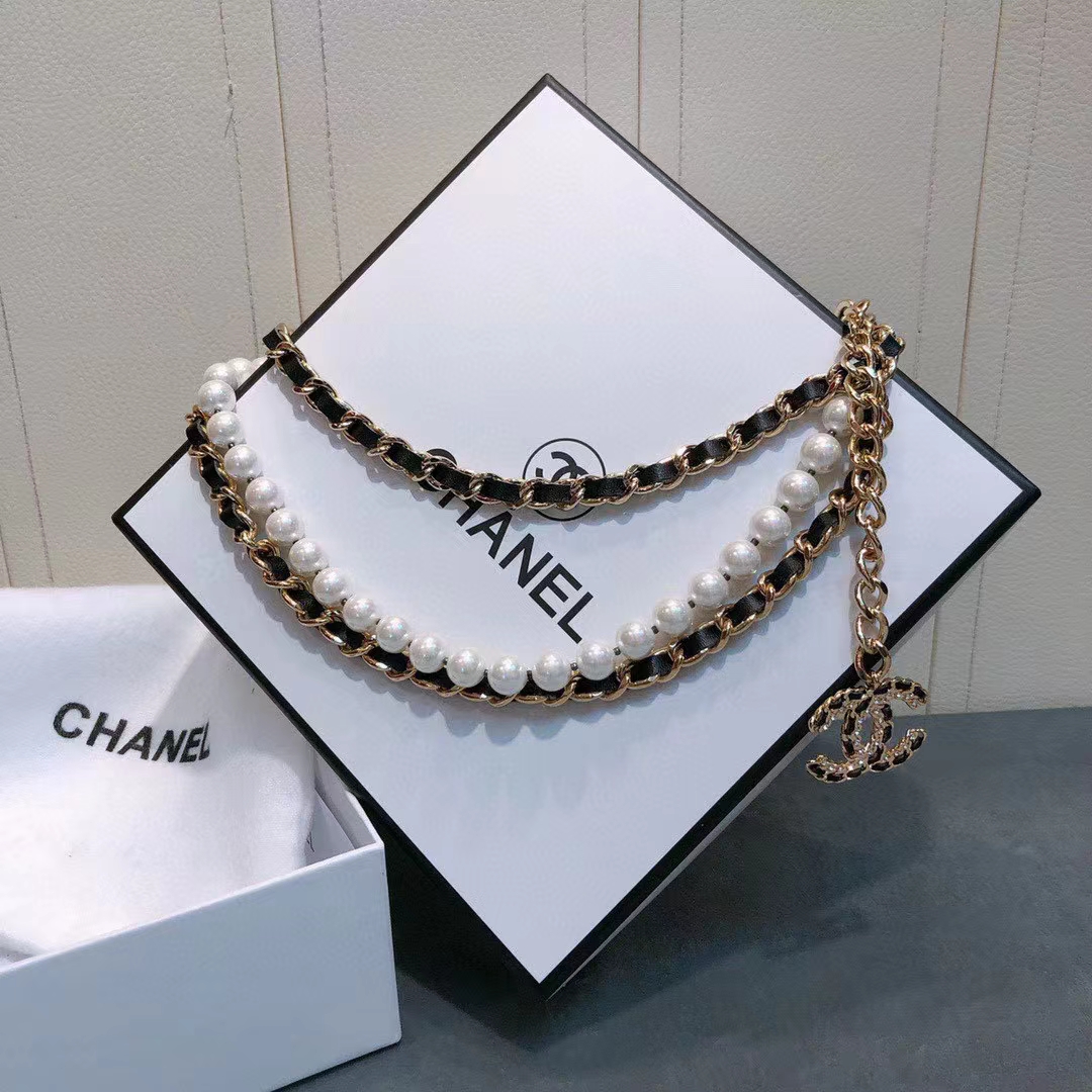 Chanel Women CC Chain Belt Lambskin Glass Pearls Gold-Tone Metal Strass Black