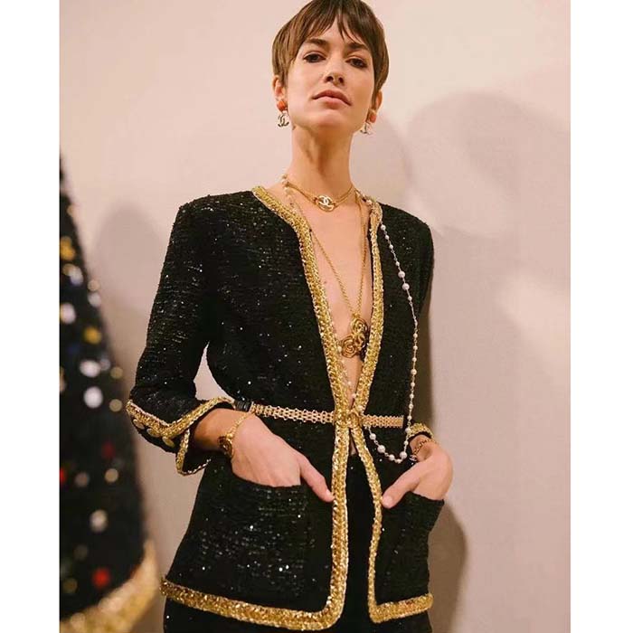 Chanel Women CC Chain Belt Lambskin Leather Gold-Tone Metal Strass Black