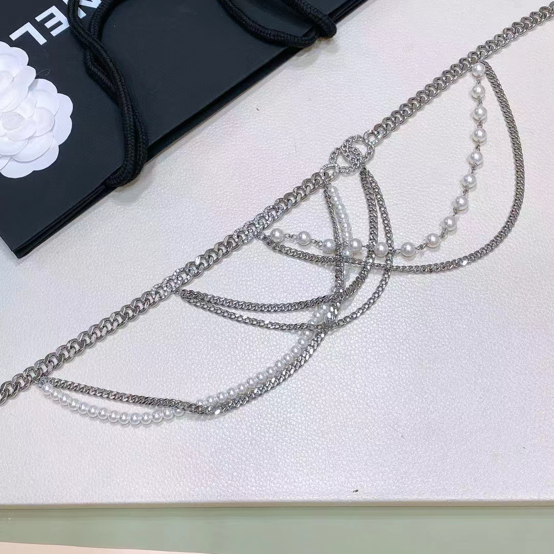 Chanel Women CC Chain Belt Metal Resin Glass Pearls Strass Silver Pearly White Crystal