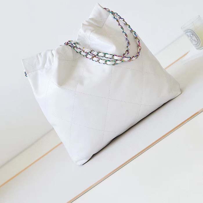Chanel Women CC Chanel 22 Small Handbag Shiny Calfskin Rainbow Metal White