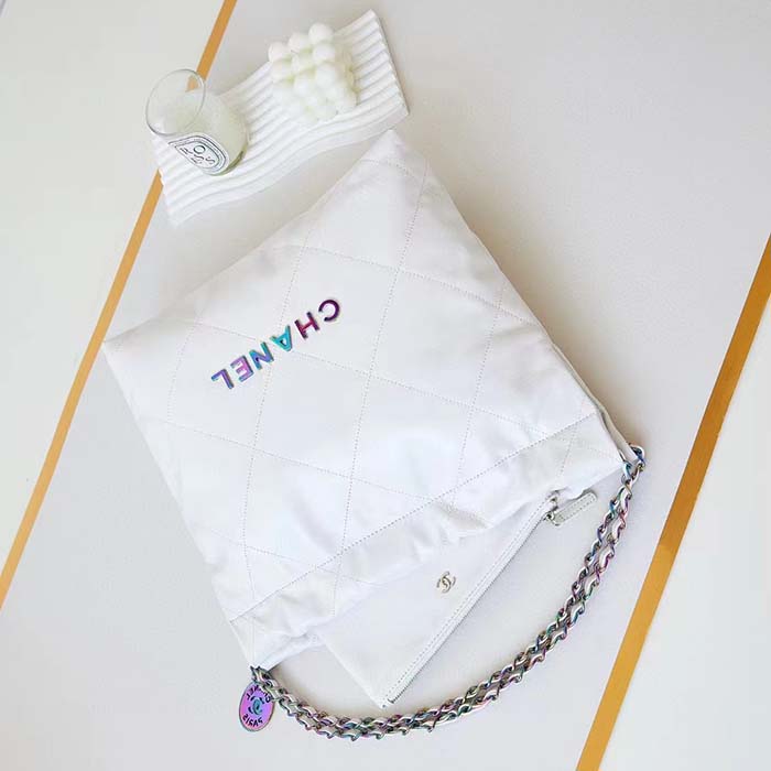 Chanel Women CC Chanel 22 Small Handbag Shiny Calfskin Rainbow Metal White
