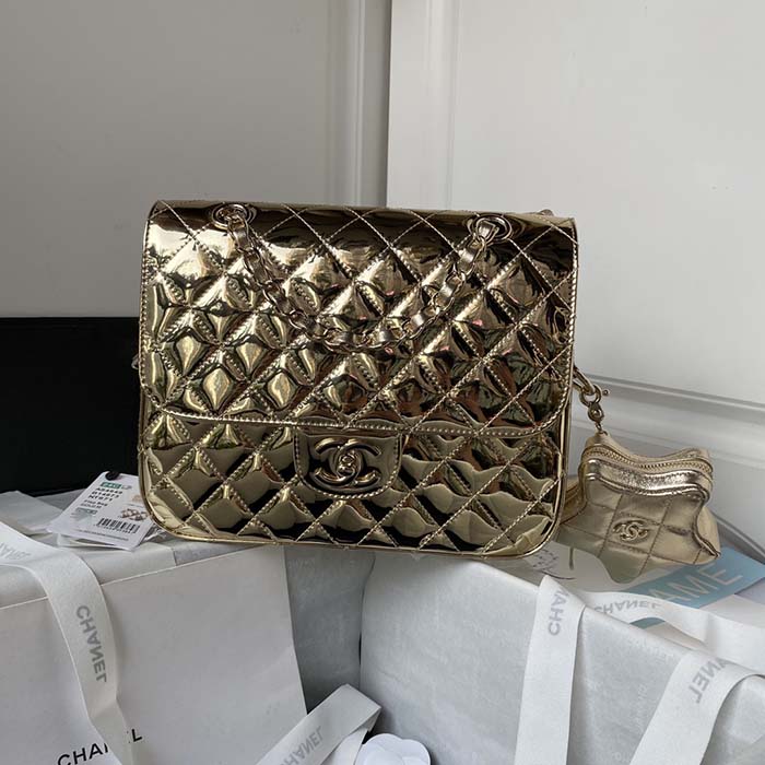 Chanel Women CC Flap Bag Star Coin Purse Mirror Calfskin Metallic Calfskin Gold-Tone Metal Gold
