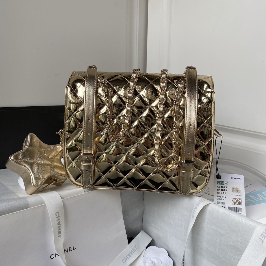 Chanel Women CC Flap Bag Star Coin Purse Mirror Calfskin Metallic Calfskin Gold-Tone Metal Gold