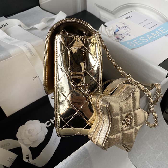Chanel Women CC Flap Bag Star Coin Purse Mirror Calfskin Metallic Calfskin Gold-Tone Metal Gold