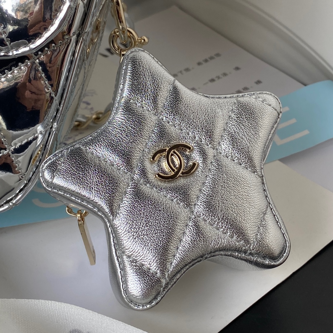 Chanel Women CC Flap Bag Star Coin Purse Mirror Calfskin Metallic Calfskin Gold-Tone Metal Silver