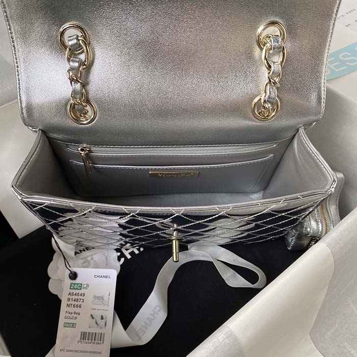 Chanel Women CC Flap Bag Star Coin Purse Mirror Calfskin Metallic Calfskin Gold-Tone Metal Silver