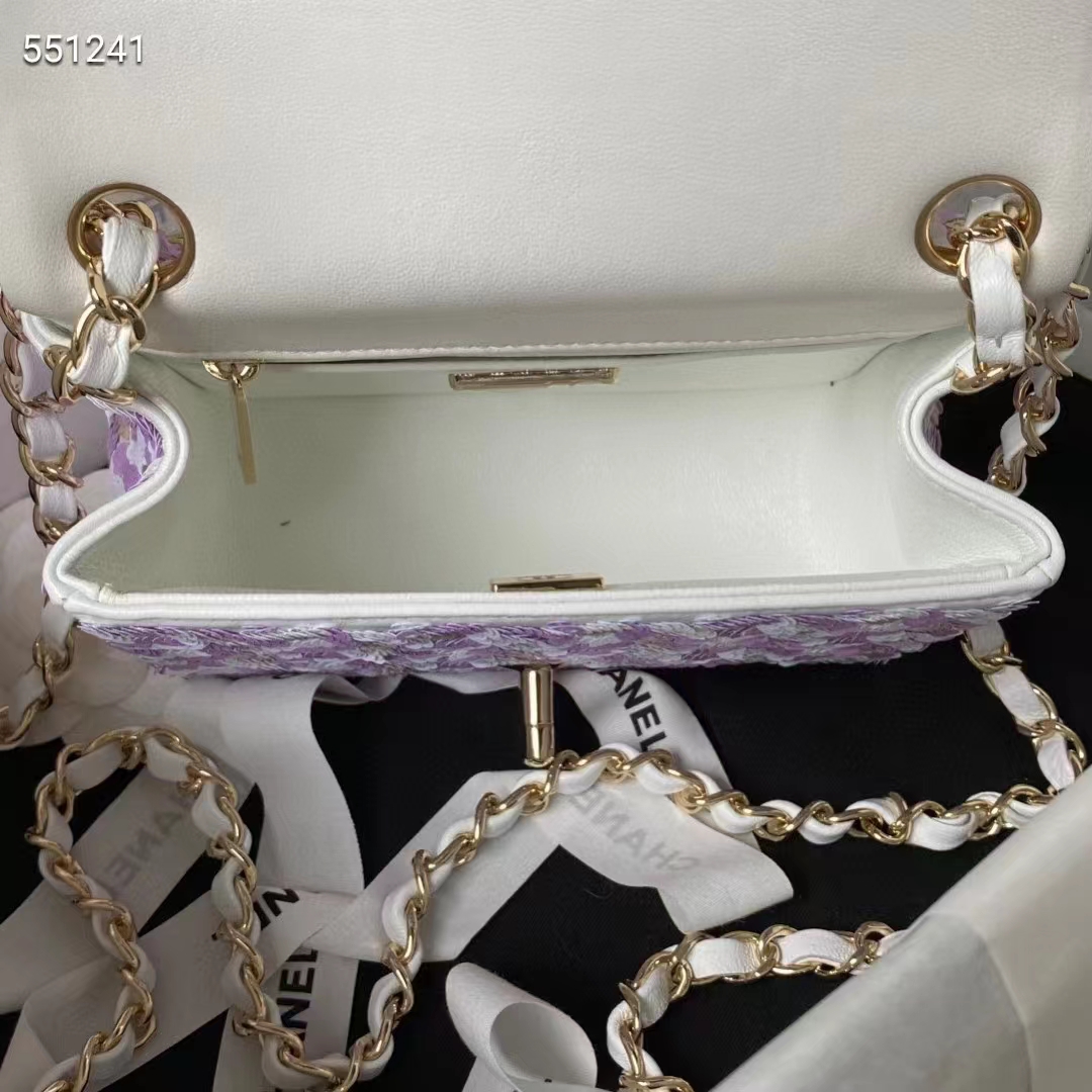 Chanel Women CC Mini Flap Bag Embroidered Satin Sequins Glass Beads Strass Star Sequins Purple White