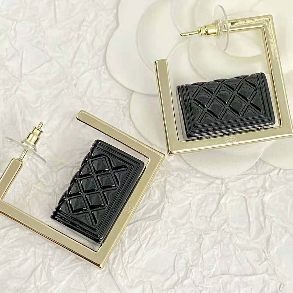 Chanel Women Hoop Earrings in Metal and Resin-Black