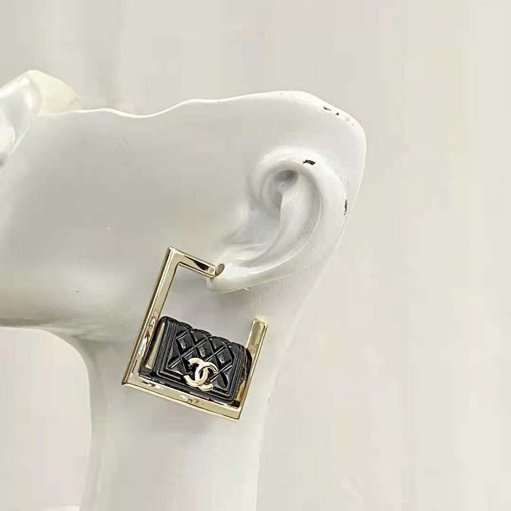 Chanel Women Hoop Earrings in Metal and Resin-Black