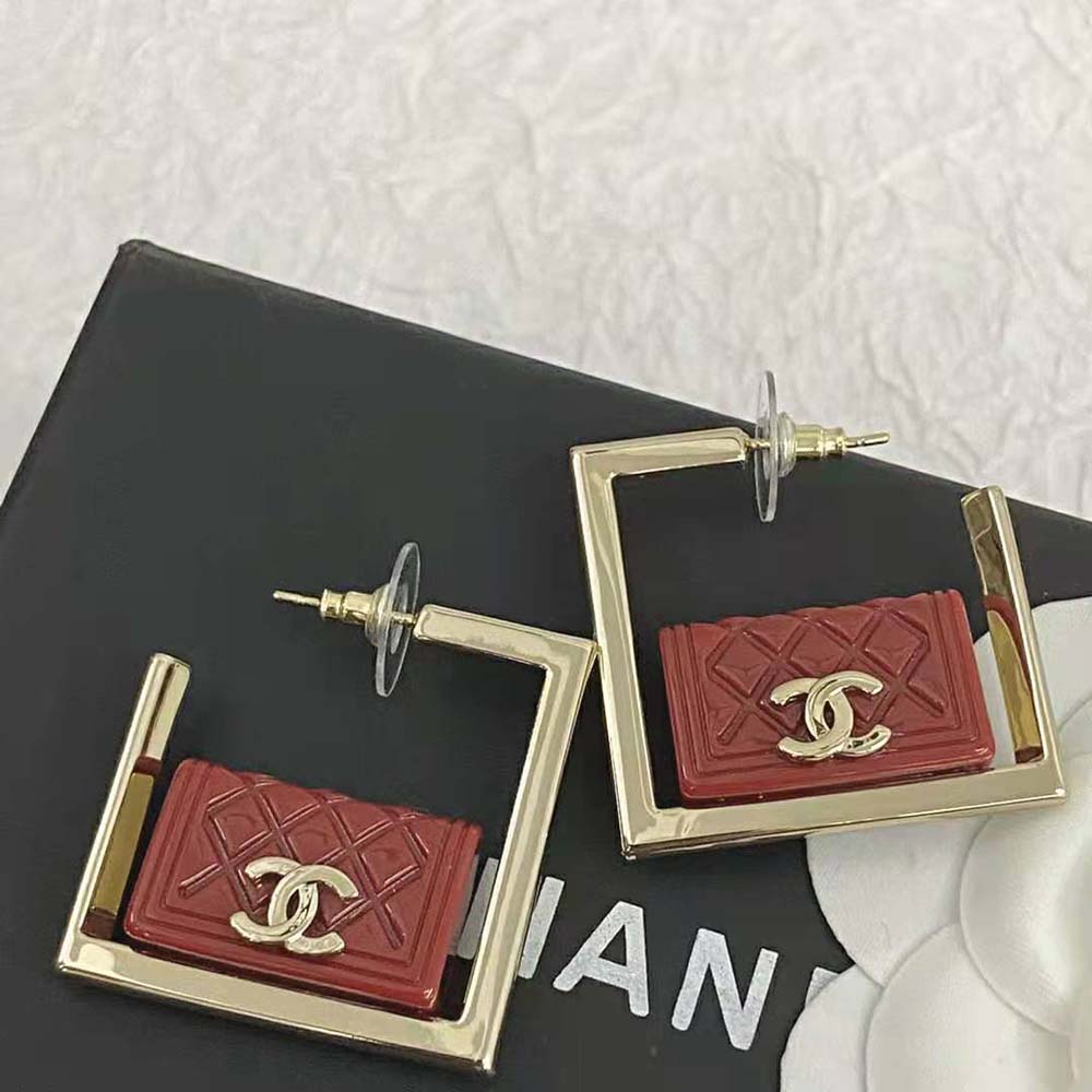 Chanel Women Hoop Earrings in Metal and Resin-Red