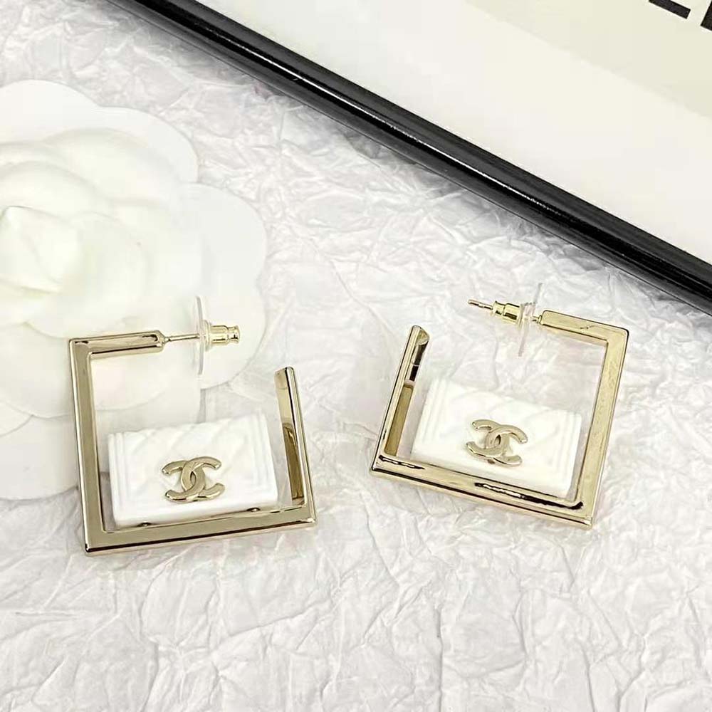 Chanel Women Hoop Earrings in Metal and Resin-White