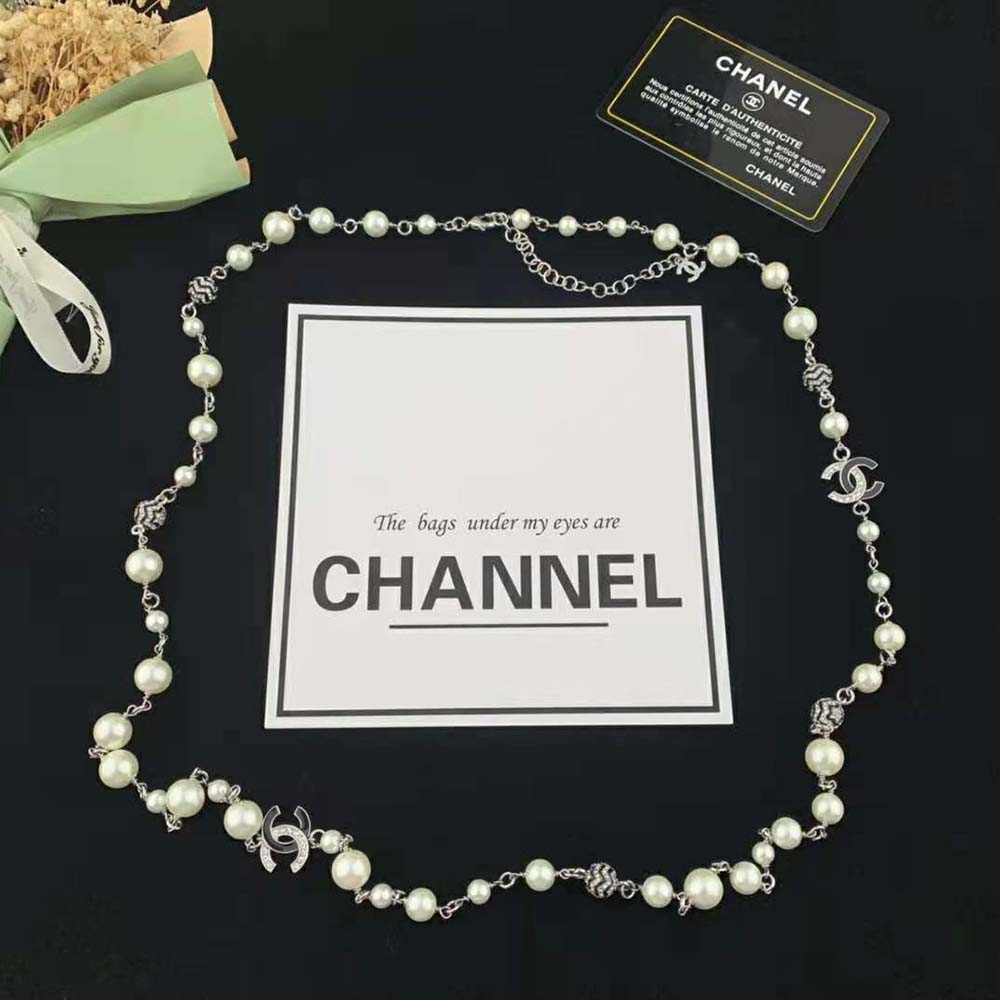 Chanel Women Long Necklace in Metal Glass Pearls and Strass