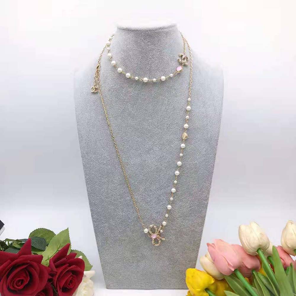 Chanel Women Long Necklace in Metal and Glass Pearls Strass