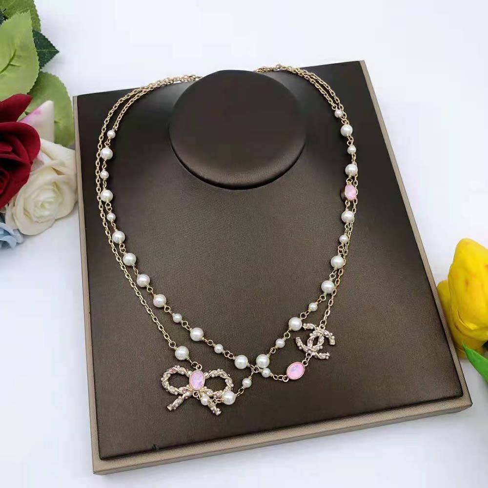 Chanel Women Long Necklace in Metal and Glass Pearls Strass