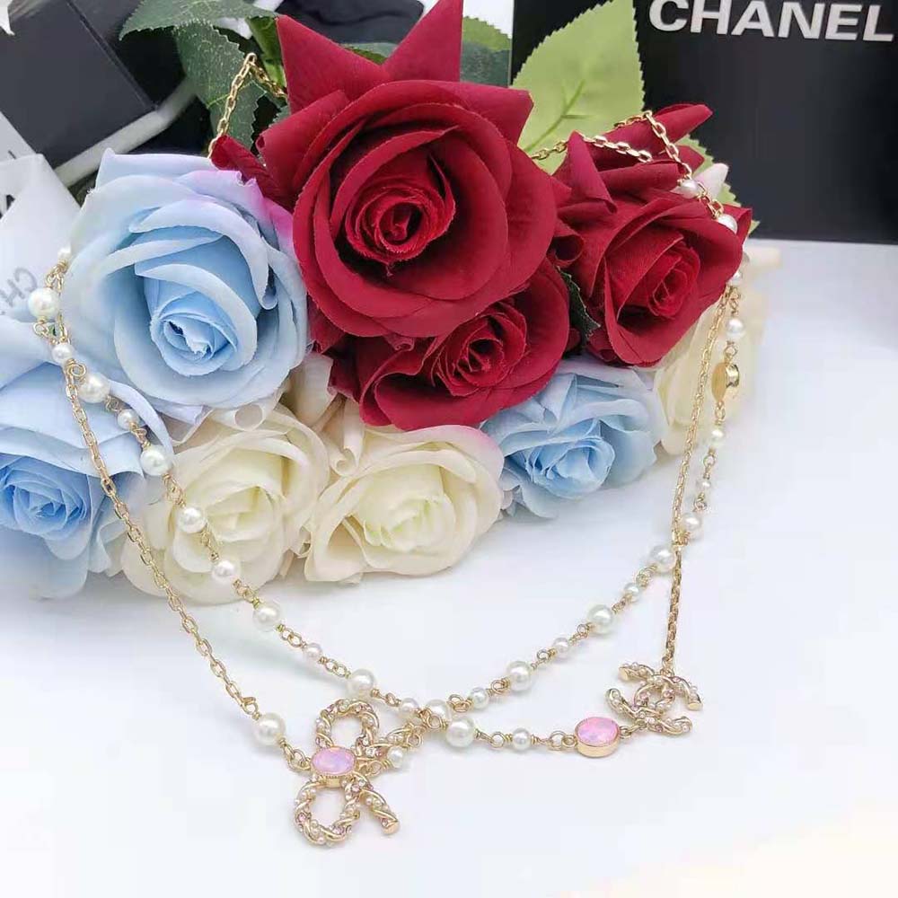 Chanel Women Long Necklace in Metal and Glass Pearls Strass
