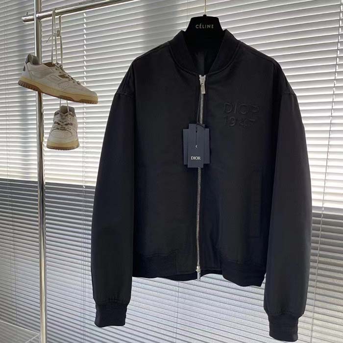Dior Women CD Bomber Jacket Black Ottoman Cotton Blend Piped Side Pockets Ribbed Cuffs Hem