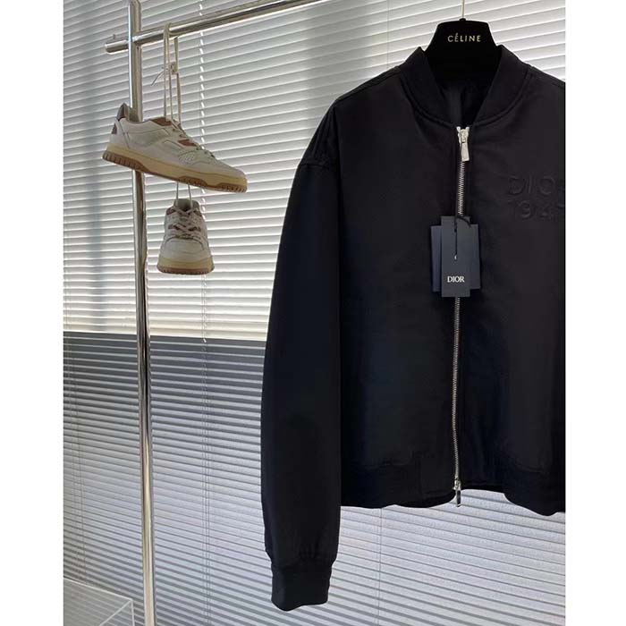 Dior Women CD Bomber Jacket Black Ottoman Cotton Blend Piped Side Pockets Ribbed Cuffs Hem