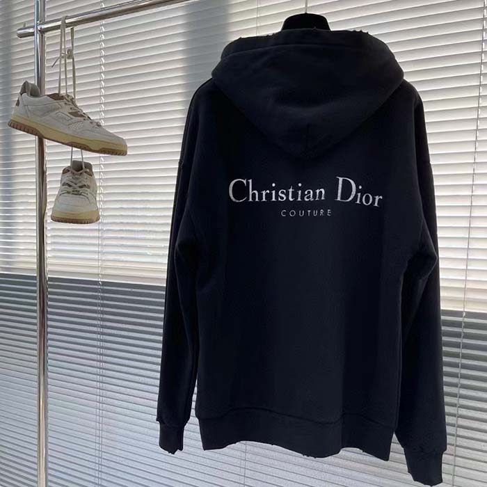 Dior Men CD Christian Dior Couture Hooded Sweatshirt Black Cotton Fleece Dévoré Effect