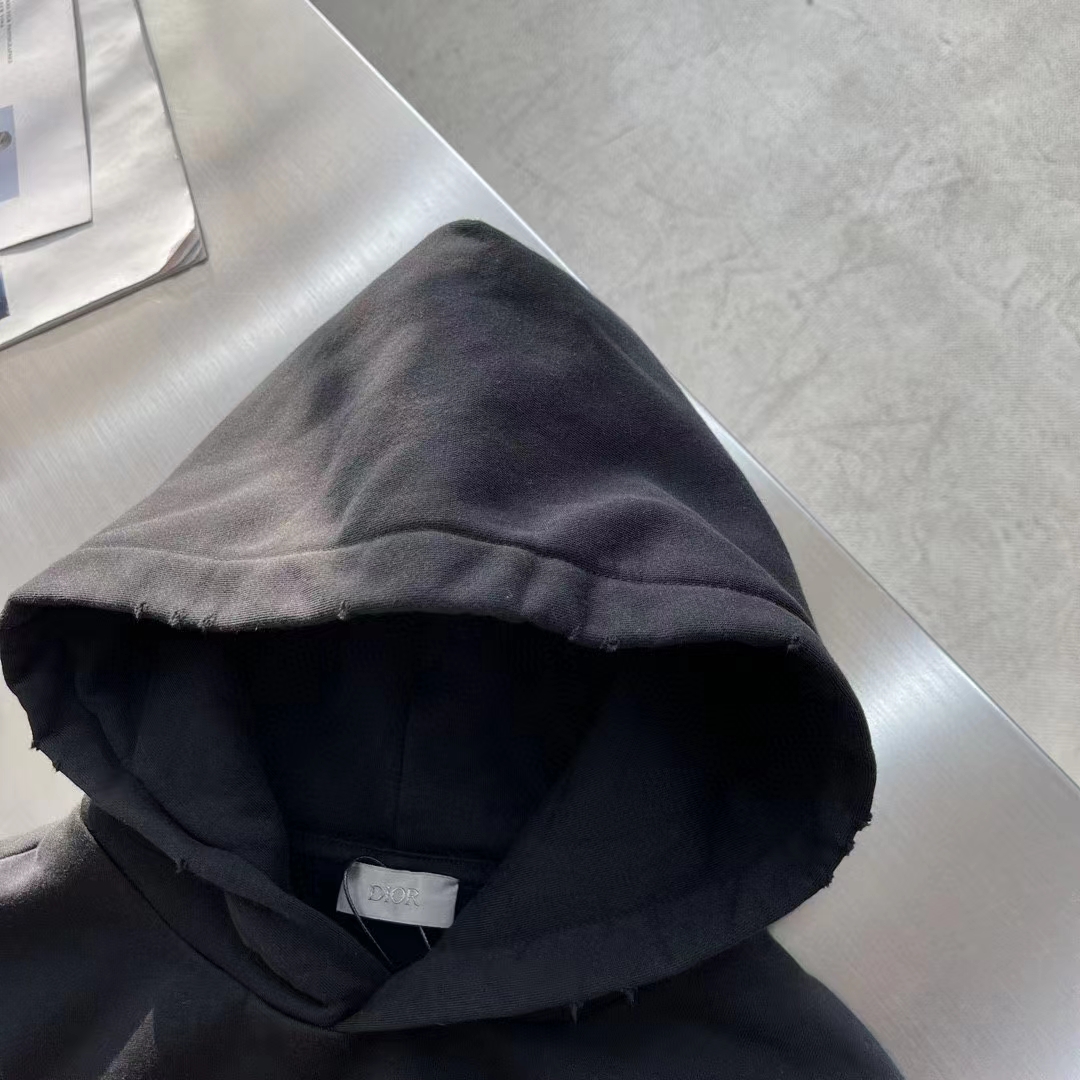 Dior Men CD Christian Dior Couture Hooded Sweatshirt Black Cotton Fleece Dévoré Effect
