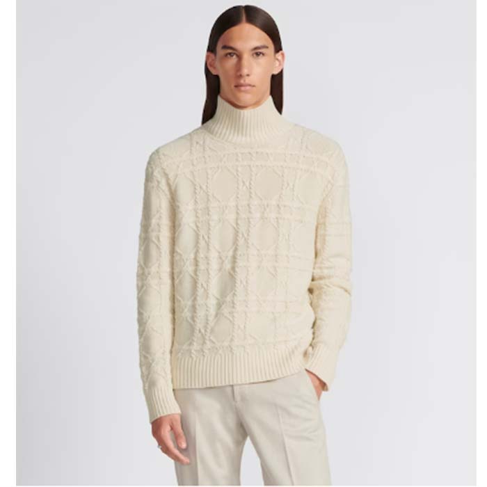 Dior Men CD Dior Icons Sweater White Cashmere Knit Stand Collar All-Over Cannage Motif