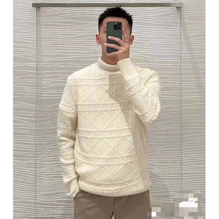 Dior Men CD Dior Icons Sweater White Cashmere Knit Stand Collar All-Over Cannage Motif