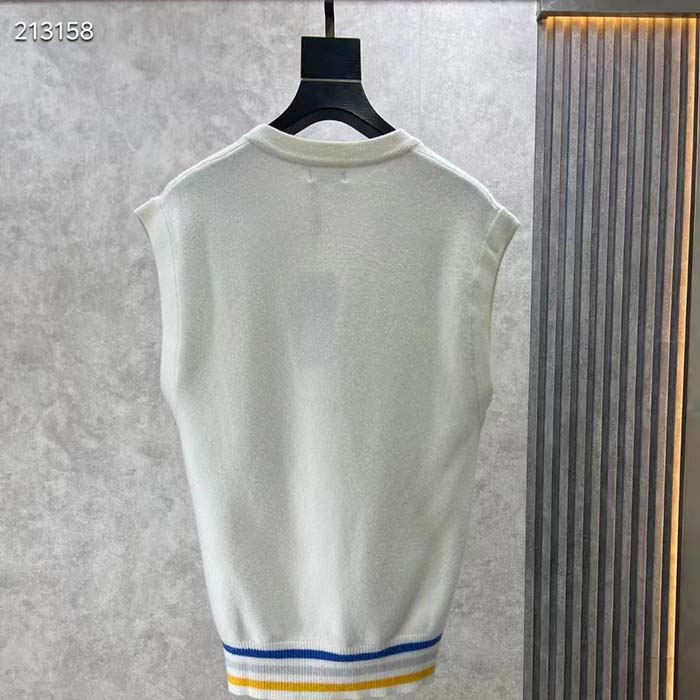 Dior Men CD Sleeveless Sweater Beige Wool Cashmere Intarsia V-Neckline Striped Hem