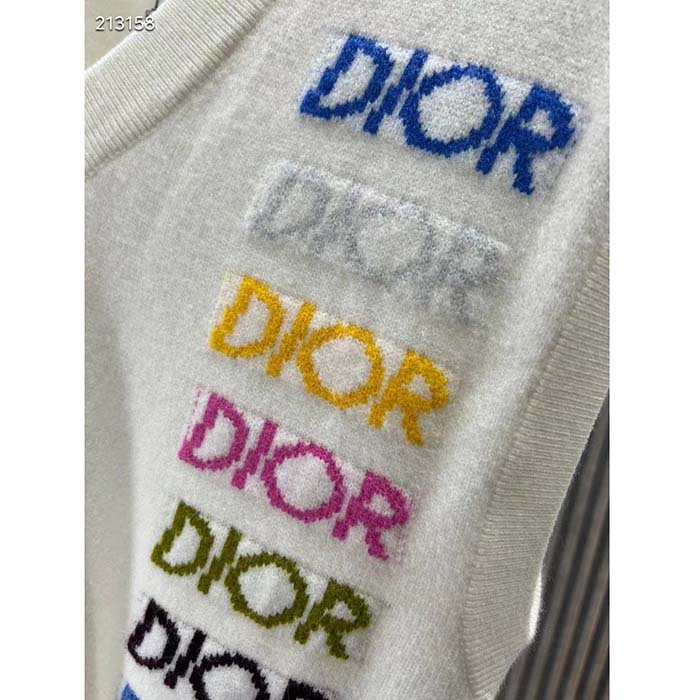 Dior Men CD Sleeveless Sweater Beige Wool Cashmere Intarsia V-Neckline Striped Hem