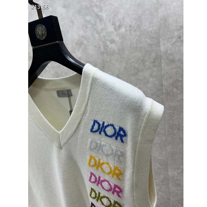 Dior Men CD Sleeveless Sweater Beige Wool Cashmere Intarsia V-Neckline Striped Hem