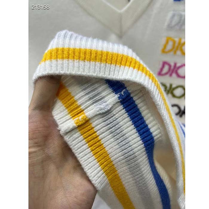 Dior Men CD Sleeveless Sweater Beige Wool Cashmere Intarsia V-Neckline Striped Hem