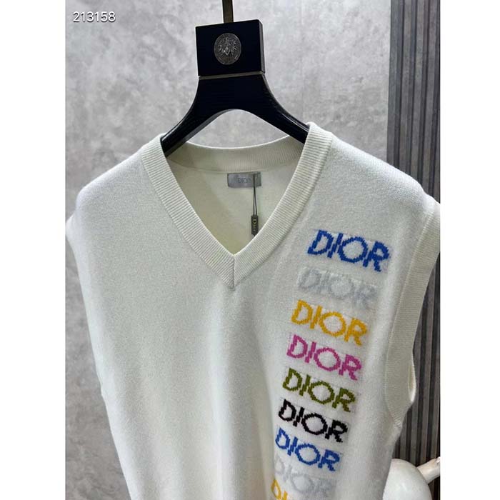 Dior Men CD Sleeveless Sweater Beige Wool Cashmere Intarsia V-Neckline Striped Hem