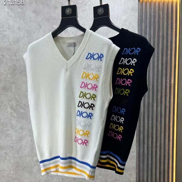 Dior Men CD Sleeveless Sweater Beige Wool Cashmere Intarsia V-Neckline Striped Hem