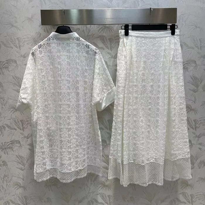 Dior Women CD Blouse Ecru Technical Cotton Lace Front Button Closure Mother-Of-Pearl Buttons